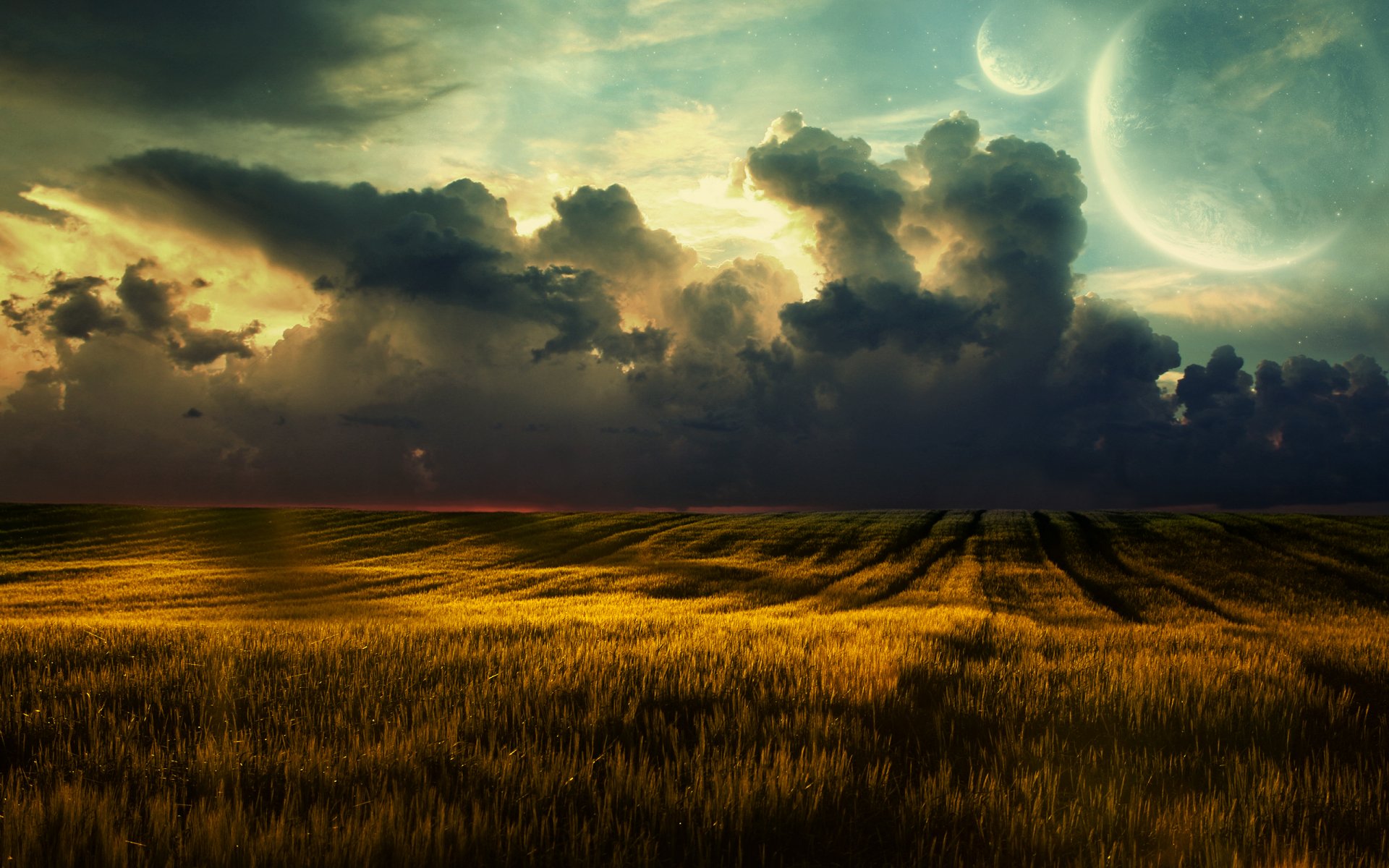 Sci-Fi HD wallpaper of a surreal landscape with a golden field under a dramatic sky, featuring dark clouds, a bright planet, and a glowing moon.