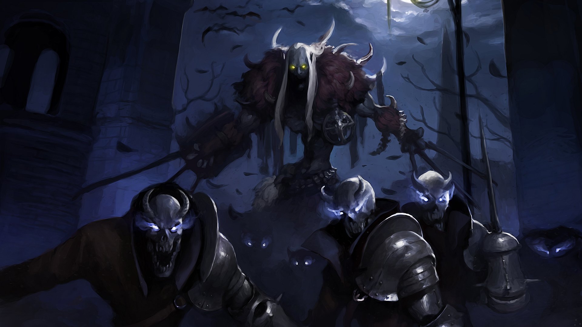 Dark, ominous scene from the video game Vindictus featuring armored warriors facing a monstrous, glowing-eyed creature under a moonlit sky in an HD PC desktop wallpaper.