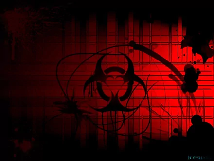 HD Sci-Fi desktop wallpaper with dark red tones and a prominent biohazard symbol in the center.