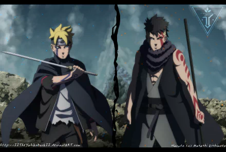 HD wallpaper featuring Boruto Uzumaki and Kawaki from the anime Boruto, depicting an intense face-off. The Jōgan eye is visible, adding to the dramatic atmosphere.