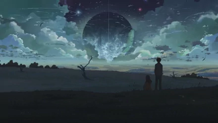 HD desktop wallpaper featuring Takaki Touno and Akari Shinohara from the anime 5 Centimeters per Second, set in a stunning landscape with a large celestial body and expansive sky.