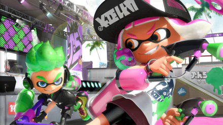 HD desktop wallpaper featuring characters from Splatoon 2 video game in vibrant action poses with colorful, futuristic backgrounds.