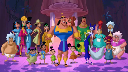 HD PC desktop wallpaper from the movie Emperor's New Groove 2: Kronk's New Groove — Kronk stands center smiling, surrounded by a colorful ensemble of animated village characters on a purple stage.