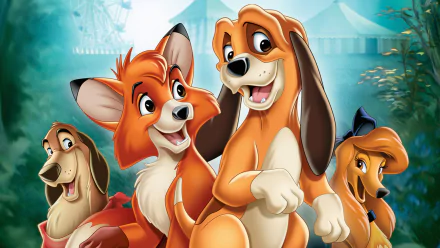 HD PC desktop wallpaper of characters from the movie The Fox and the Hound 2, featuring the fox Tod and his dog friend Copper in a cheerful outdoor setting.