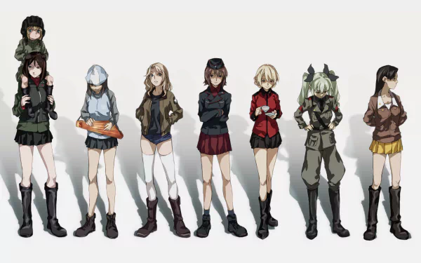 HD PC wallpaper featuring anime characters Maho Nishizumi, Kinuyo Nishi, Mika, Kay, Katyusha, Darjeeling, and Anchovy from Girls und Panzer standing side by side.