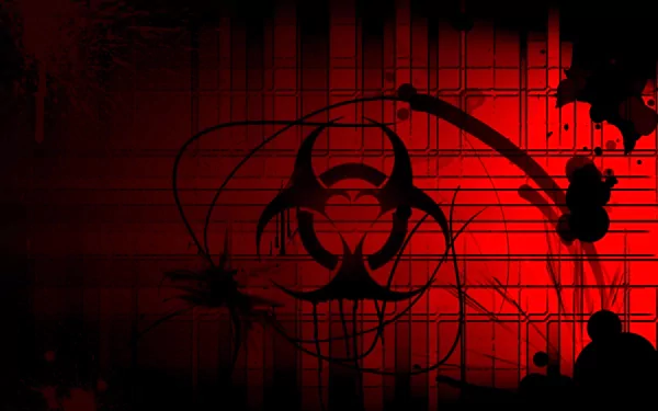 HD Sci-Fi desktop wallpaper with dark red tones and a prominent biohazard symbol in the center.