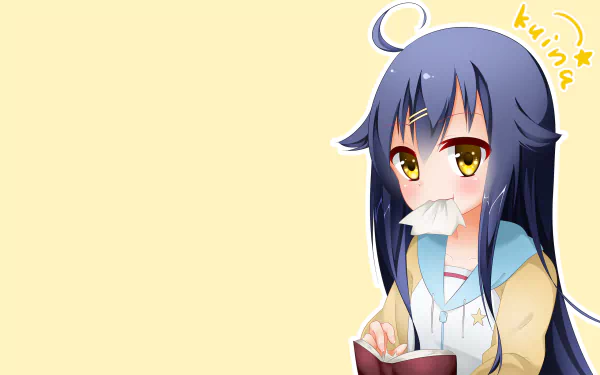 HD PC desktop wallpaper featuring an anime character from Hinako Note with long dark blue hair, golden eyes, and a tissue at her nose against a pale yellow background.