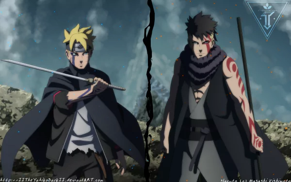 HD wallpaper featuring Boruto Uzumaki and Kawaki from the anime Boruto, depicting an intense face-off. The Jōgan eye is visible, adding to the dramatic atmosphere.