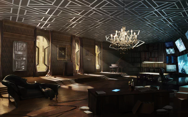 HD PC desktop wallpaper of a dimly lit, stylish room from the video game Deus Ex: Mankind Divided, featuring futuristic design elements and multiple monitors.