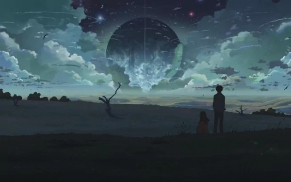 HD desktop wallpaper featuring Takaki Touno and Akari Shinohara from the anime 5 Centimeters per Second, set in a stunning landscape with a large celestial body and expansive sky.