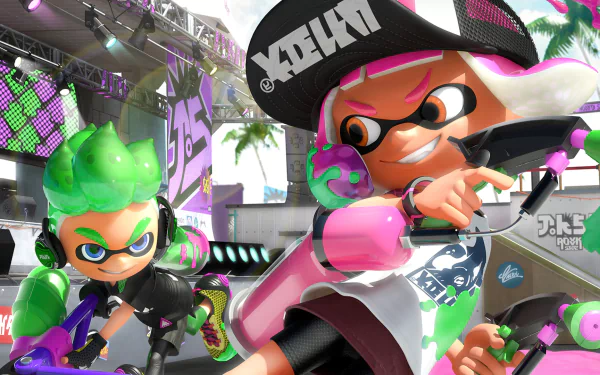 HD desktop wallpaper featuring characters from Splatoon 2 video game in vibrant action poses with colorful, futuristic backgrounds.