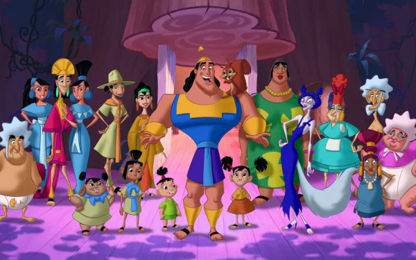 HD PC desktop wallpaper from the movie Emperor's New Groove 2: Kronk's New Groove — Kronk stands center smiling, surrounded by a colorful ensemble of animated village characters on a purple stage.