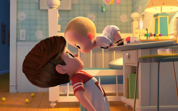 HD desktop wallpaper and background featuring Theodore Templeton (Boss Baby) and Tim Templeton from the movie, The Boss Baby. Tim leans towards baby Theodore in a cozy, pastel-themed room.