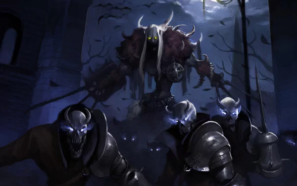 Dark, ominous scene from the video game Vindictus featuring armored warriors facing a monstrous, glowing-eyed creature under a moonlit sky in an HD PC desktop wallpaper.