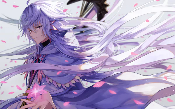 HD anime desktop wallpaper featuring Merlin from Fate/Grand Order, showcasing flowing white hair and petals in an elegant, dynamic scene from the Fate series.