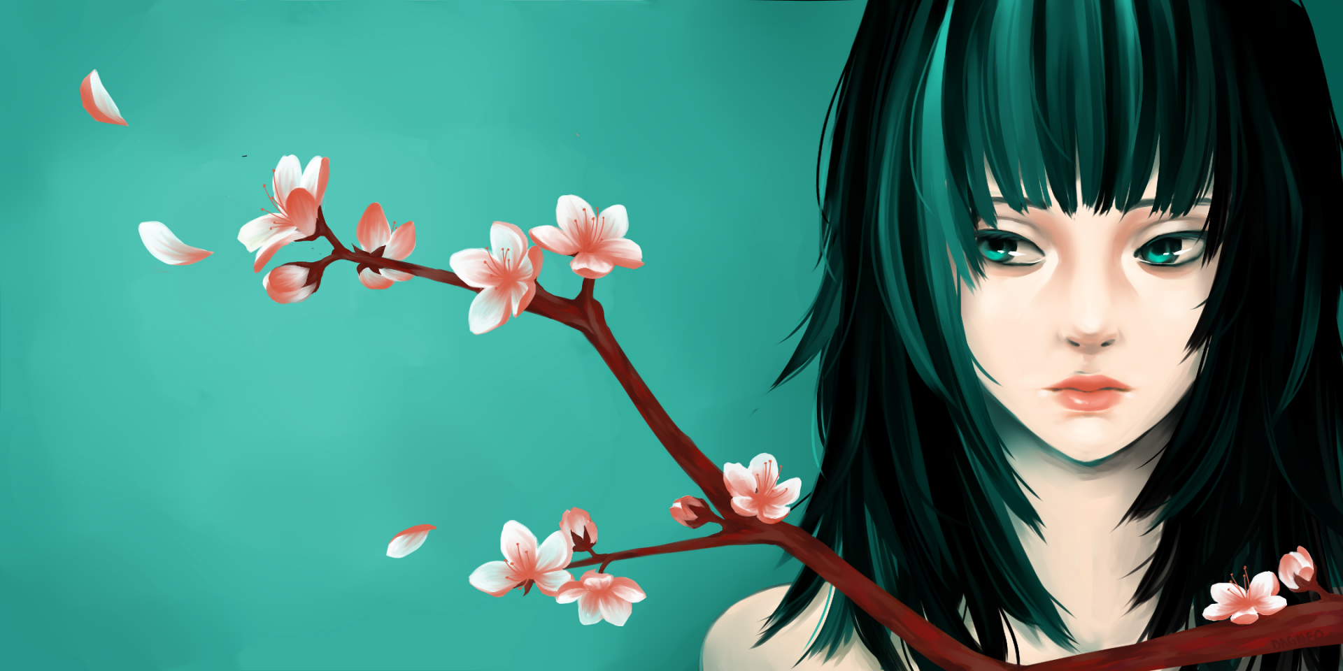 Artistic painting of a woman with green hair and green eyes against a teal background, a blossoming branch with pink petals crossing the frame — HD PC desktop wallpaper.