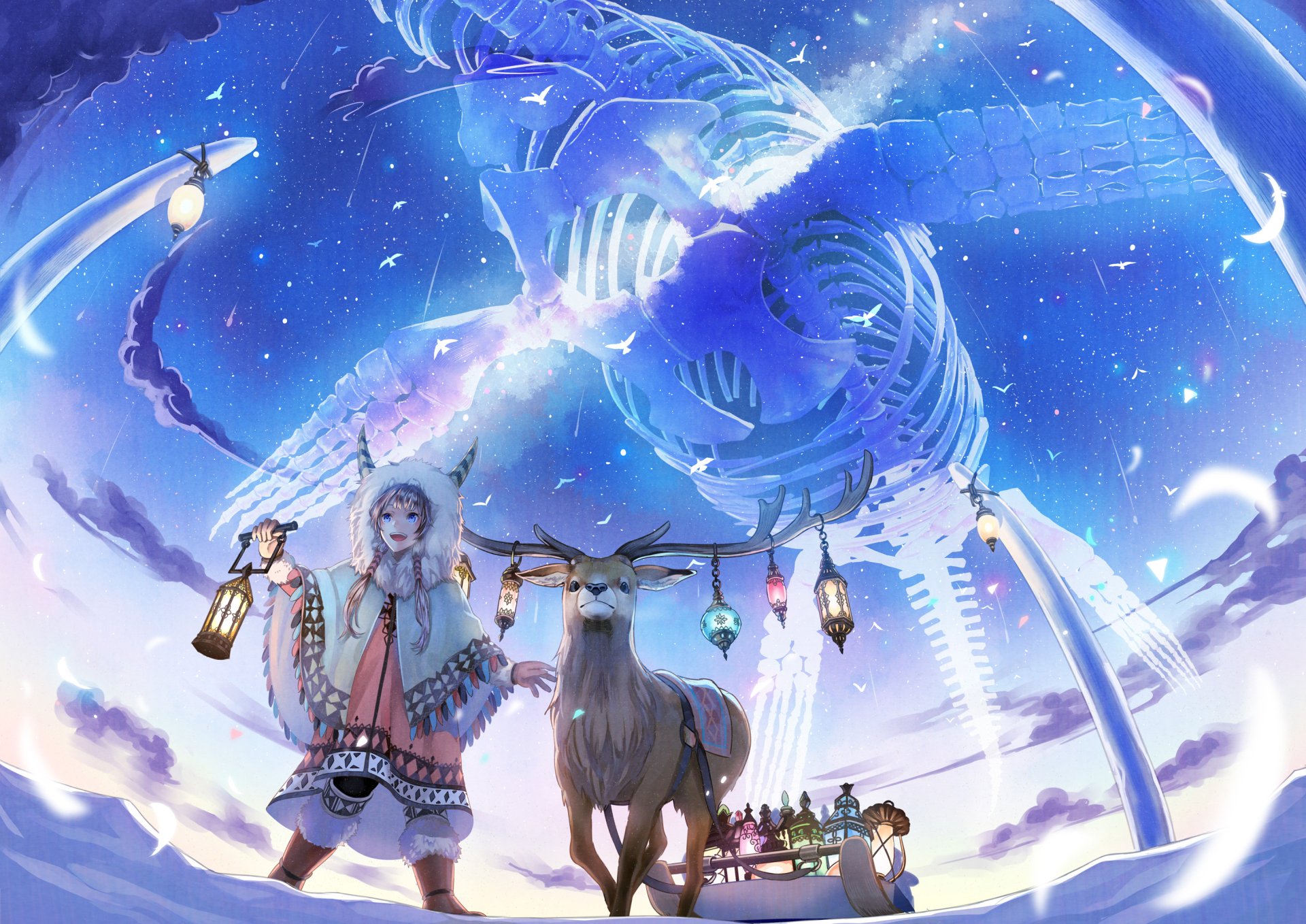 HD anime wallpaper featuring an original scene with a character holding a lantern beside a majestic deer, under a starry sky with celestial structures.