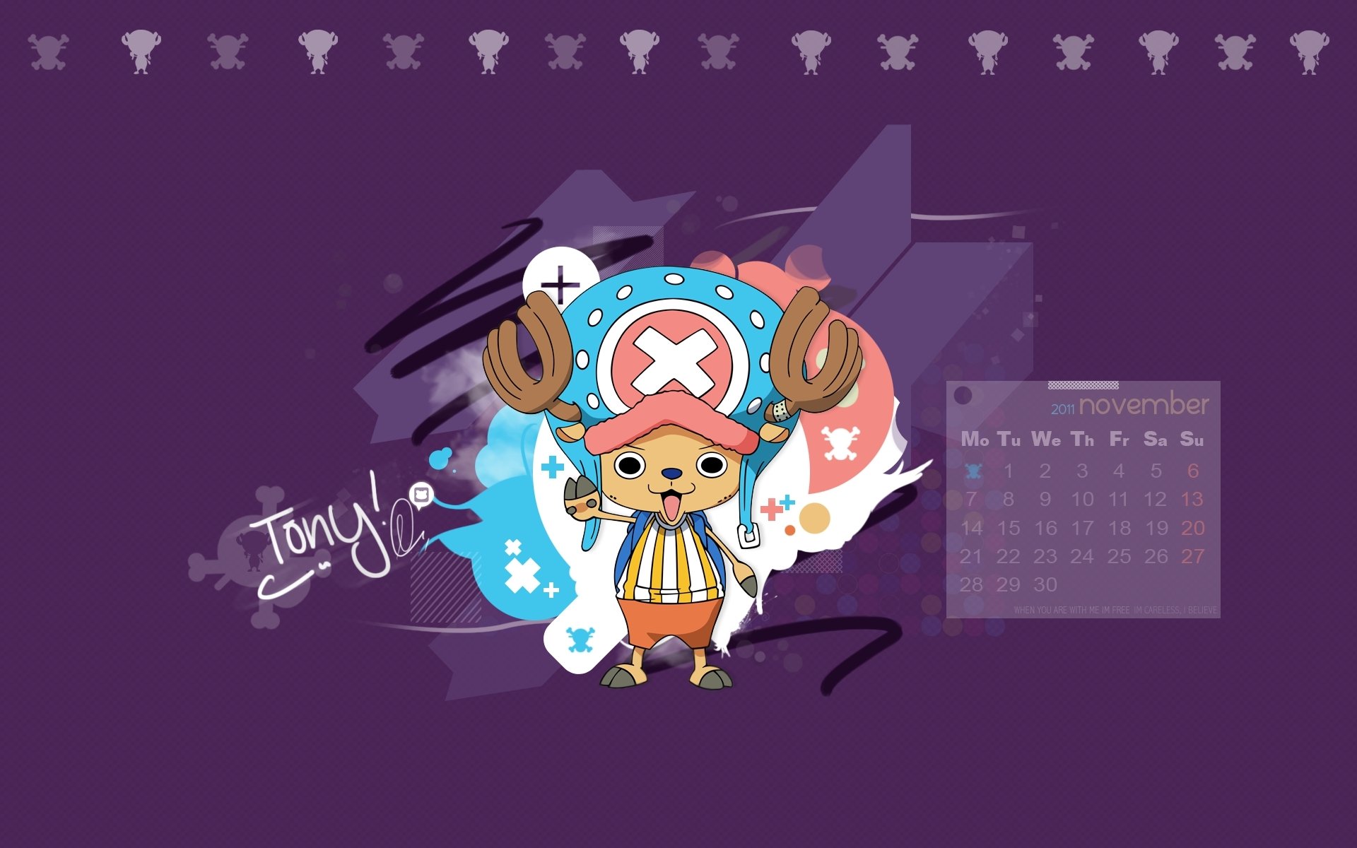 HD PC desktop wallpaper featuring Tony Tony Chopper from the anime One Piece against a purple background with a small calendar on the right.