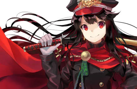 A detailed HD wallpaper featuring a Demon Archer from Fate/Grand Order, showcasing a character with long dark hair, striking red eyes, and a confident smile, dressed in a bold military-style outfit.