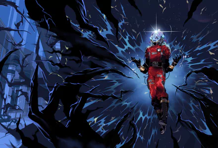 HD desktop wallpaper featuring an action-packed scene from the video game Prey (2017), showcasing a character in a red spacesuit surrounded by dynamic, dark energy waves.