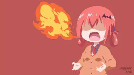 Chibi-style Satanichia Kurumizawa McDowell from the anime Gabriel DropOut breathing fire against a solid reddish background, designed as an HD PC desktop wallpaper.