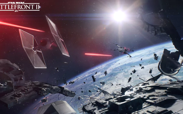 A HD desktop wallpaper from Star Wars Battlefront II (2017) featuring an intense space battle between X-Wing and TIE Fighter ships with a backdrop of debris and a distant planet.