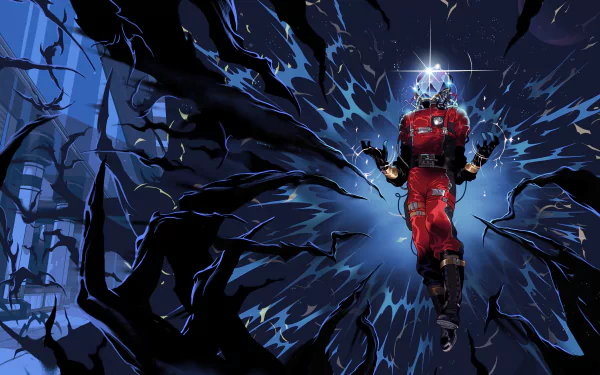 HD desktop wallpaper featuring an action-packed scene from the video game Prey (2017), showcasing a character in a red spacesuit surrounded by dynamic, dark energy waves.