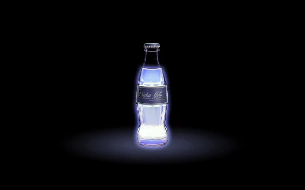 HD wallpaper featuring a glowing Nuka Cola Quantum bottle from the Fallout 3 video game, set against a dark background.