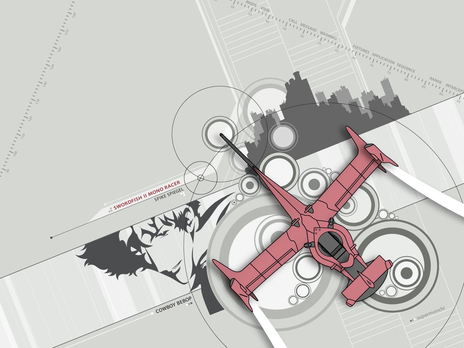 HD PC desktop wallpaper featuring an abstract design from the anime Cowboy Bebop, showcasing the red spaceship and stylized cityscape in a sleek, modern composition.