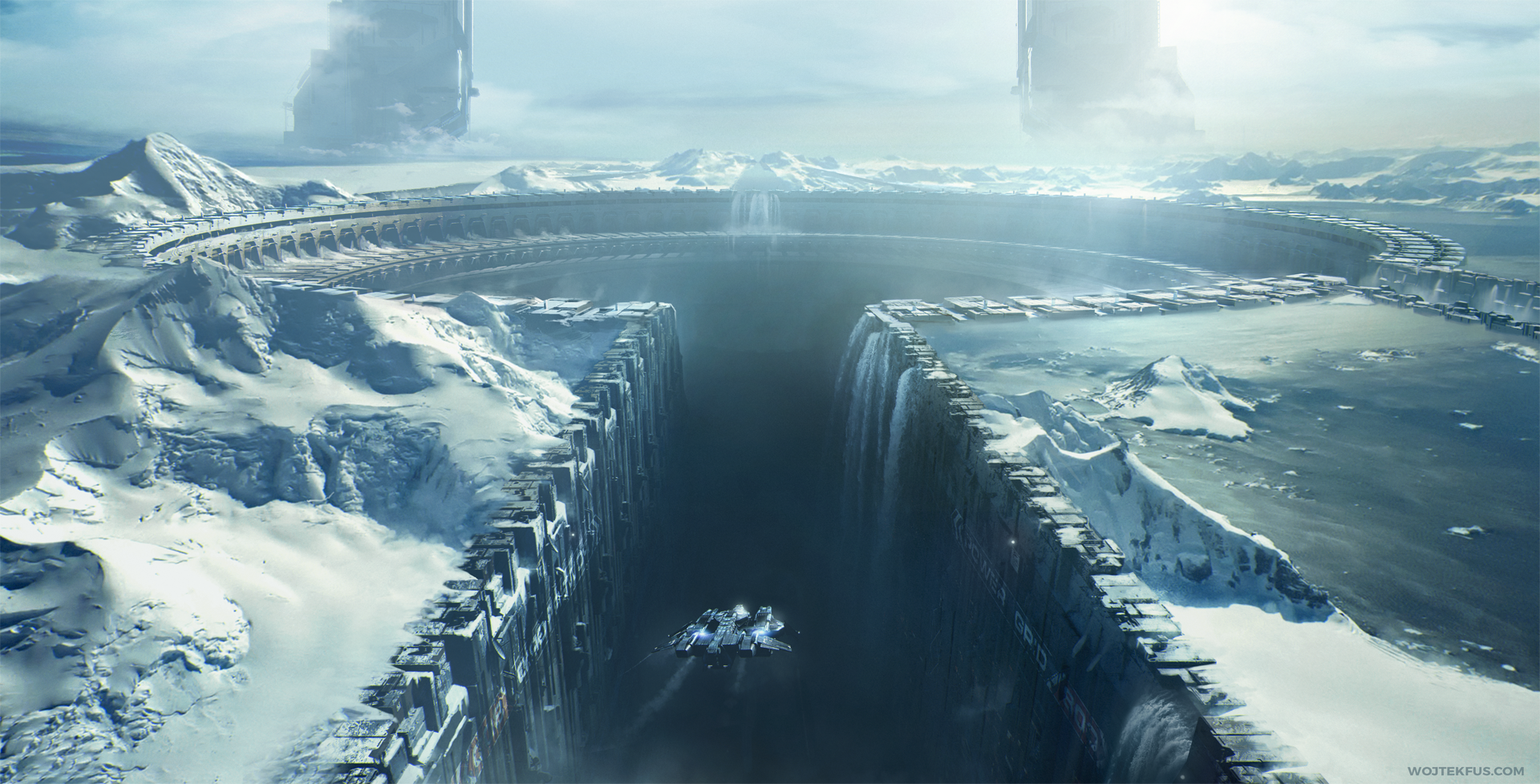 HD desktop wallpaper featuring a Sci-Fi landscape with a spaceship, vast icy terrain, and futuristic structures.