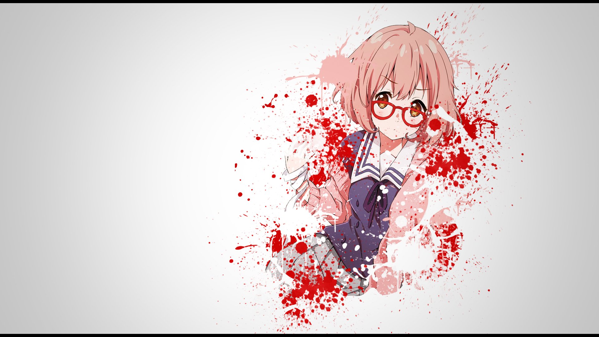 HD wallpaper featuring Mirai Kuriyama from the anime Beyond the Boundary. She is portrayed with red splatters around her, wearing her iconic glasses and school uniform.