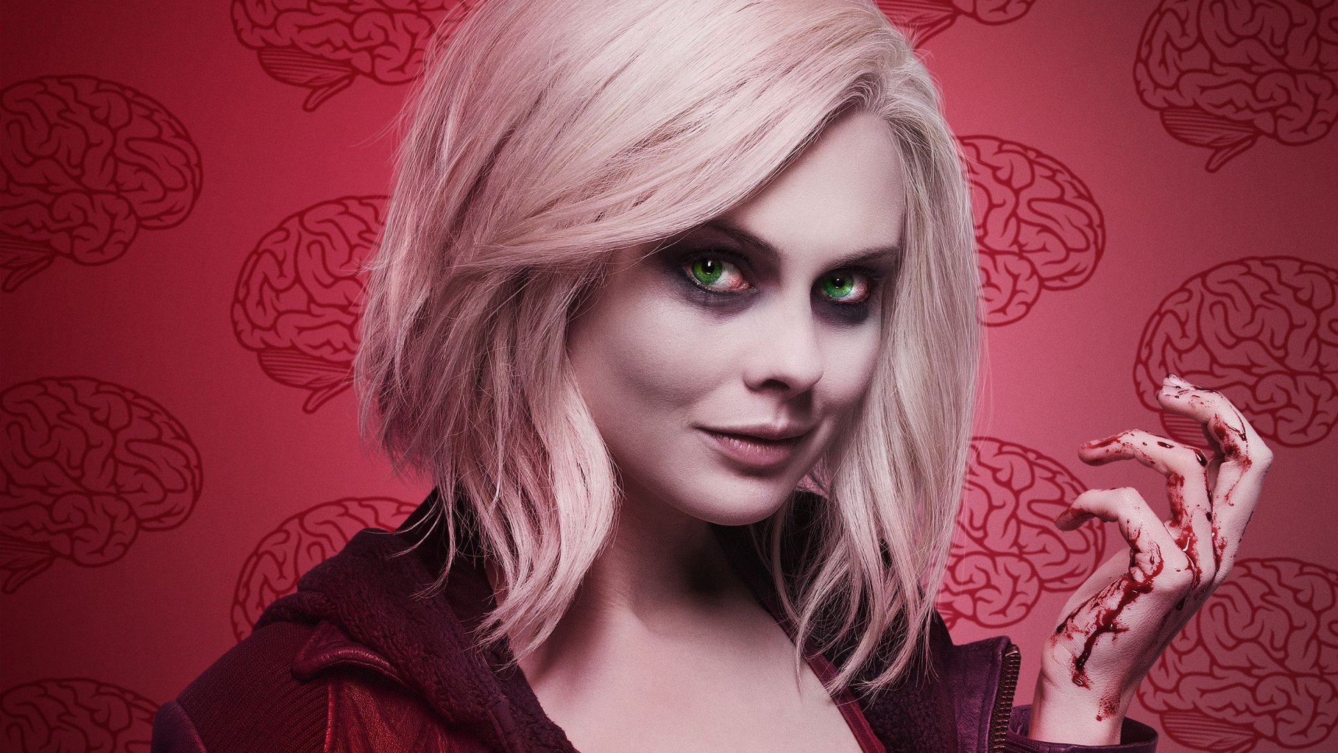 HD PC desktop wallpaper of Liv Moore, played by Rose McIver, from the TV show iZombie, featuring her pale skin, green eyes, and blood-stained hand against a red brain-patterned background.