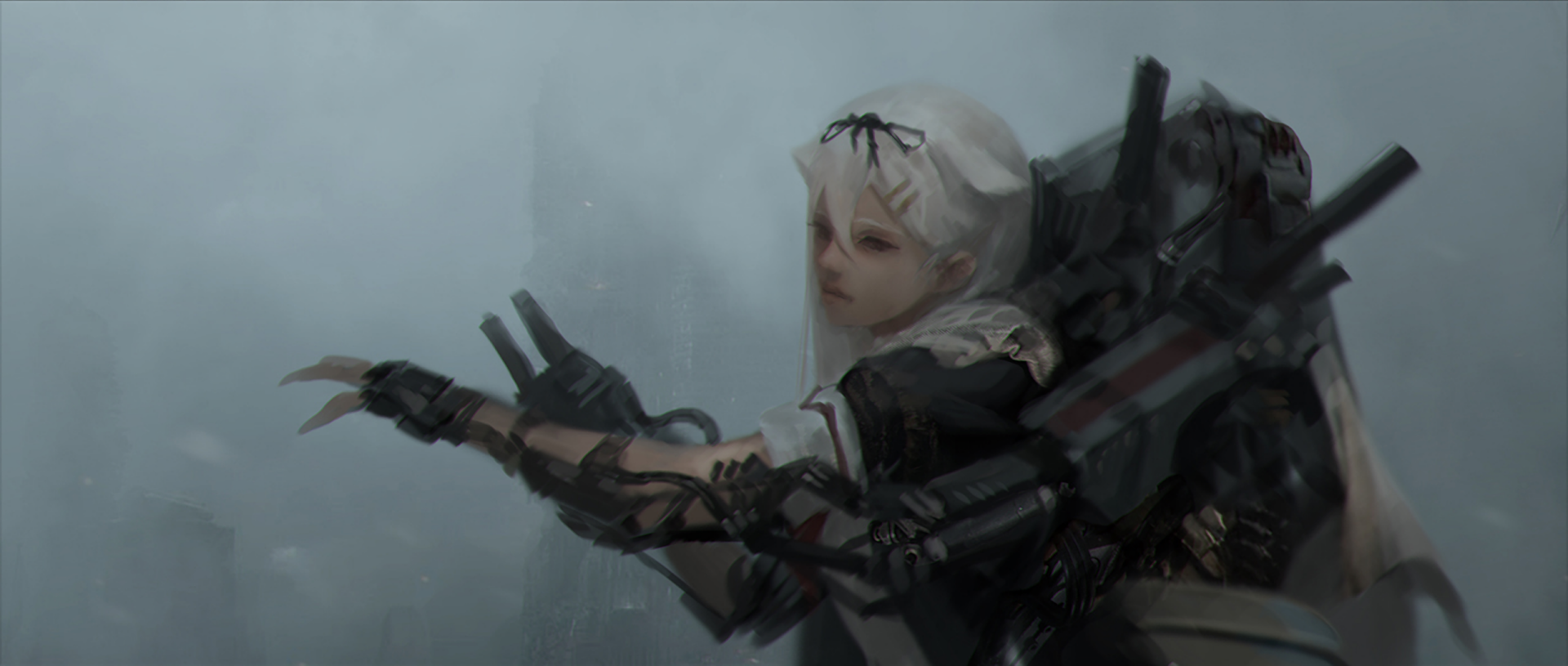 HD PC desktop wallpaper featuring Yuudachi from Kantai Collection, depicted in a dynamic anime style with mechanical armaments and a misty background.