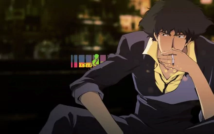 HD PC desktop wallpaper featuring Spike Spiegel from the anime Cowboy Bebop, depicted smoking with a contemplative expression against a dark, blurred background.