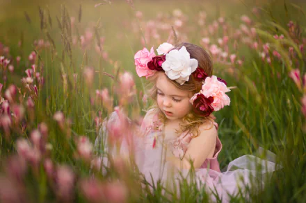 A child wearing a flower wreath sits quietly among pink spring flowers in a soft-focus meadow, captured in a 4K Ultra HD photography background.