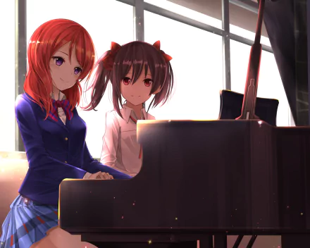 Nico Yazawa and Maki Nishikino from Love Live! play piano together in this HD anime desktop wallpaper.