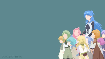 HD desktop wallpaper featuring Chtholly Nota Seniorious and other characters from the anime SukaSuka, with a minimalist design and a plain background.