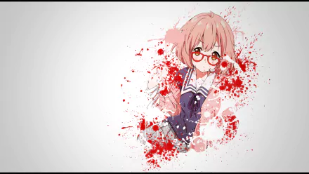 HD wallpaper featuring Mirai Kuriyama from the anime Beyond the Boundary. She is portrayed with red splatters around her, wearing her iconic glasses and school uniform.