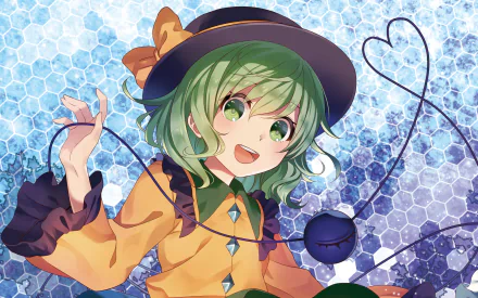HD PC wallpaper of Koishi Komeiji (Touhou): smiling green-haired anime girl in a yellow outfit and hat, heart-shaped cord against a blue hexagonal background.