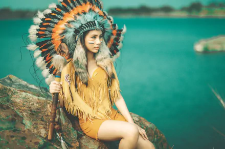HD desktop wallpaper of an Asian woman model wearing a Native American feather headdress, sitting on a rock by a turquoise body of water with a shallow depth of field.