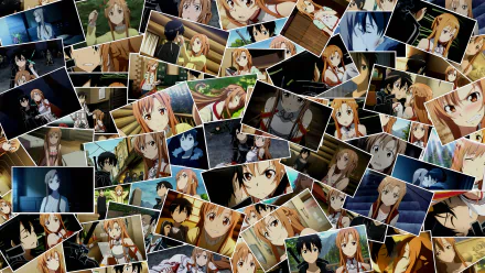 A HD desktop wallpaper featuring a collage of Asuna Yuuki and Kirito from the anime Sword Art Online, showcasing various scenes and moments from the series.
