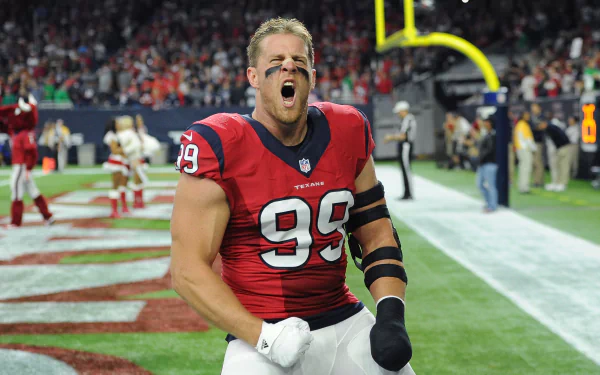 HD desktop wallpaper featuring Houston Texans' J.J. Watt celebrating passionately on the football field during a game.