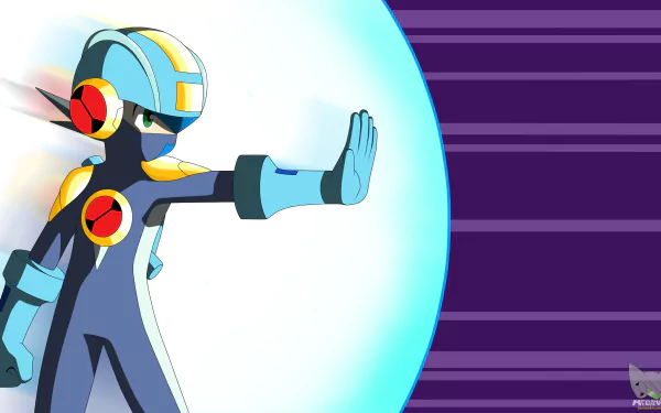 HD PC desktop wallpaper featuring MegaMan.EXE from the video game Mega Man Battle Network in an action pose with a glowing energy shield.