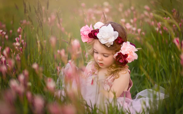 A child wearing a flower wreath sits quietly among pink spring flowers in a soft-focus meadow, captured in a 4K Ultra HD photography background.