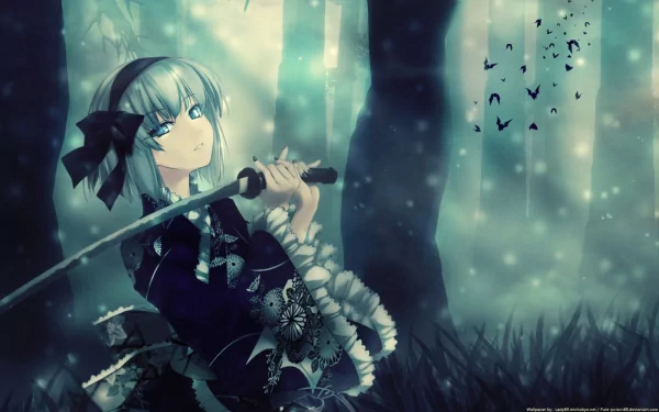 Anime character Youmu Konpaku has aqua eyes and short white hair, holding a sword in a misty forest. This HD wallpaper captures a tranquil, mysterious atmosphere.