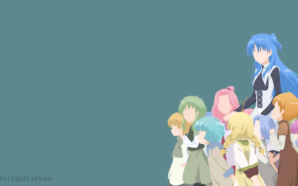 HD desktop wallpaper featuring Chtholly Nota Seniorious and other characters from the anime SukaSuka, with a minimalist design and a plain background.