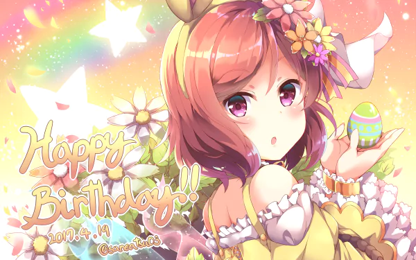 HD PC desktop wallpaper of Maki Nishikino (Love Live! anime): birthday artwork of her in a floral yellow dress holding a decorated egg against a pastel rainbow, stars, and sparkles background.