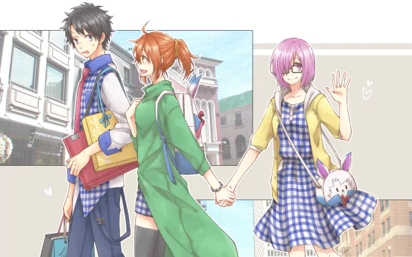HD anime desktop wallpaper featuring Fujimaru Ritsuka and Shielder from Fate/Grand Order, walking together in a lively urban setting.
