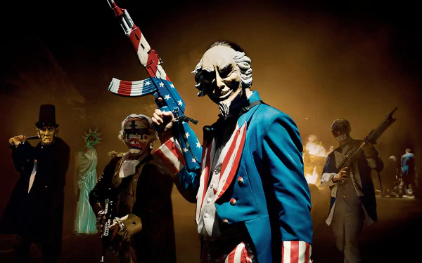 HD PC desktop wallpaper featuring masked characters from the movie The Purge: Election Year, with patriotic-themed costumes and weapons in a dark, intense setting.
