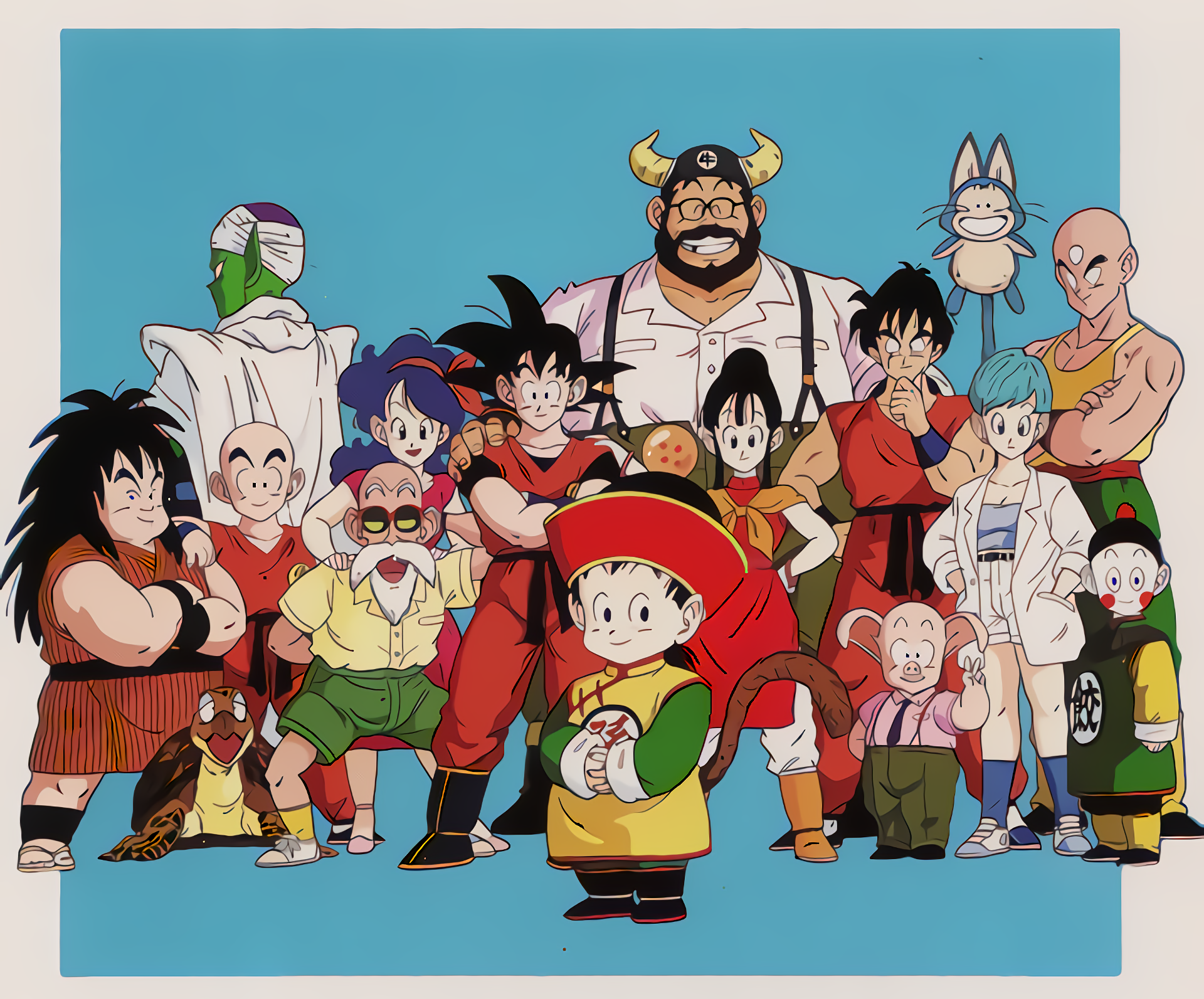 A vibrant HD desktop wallpaper featuring iconic characters from Dragon Ball Z, showcasing a lively ensemble of heroes and friends in a colorful setting.